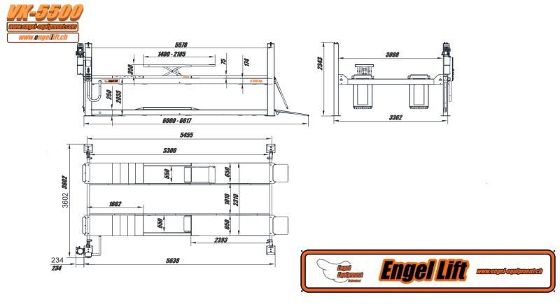 Engellift VK-5500; 4 colonnes élévatrices 5.500kg, 4 colonnes élévatrices avec géométrie de direction / essieu et mesure de voie chaussées avec système de levage sans roues.-Plan