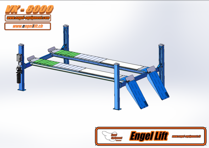 Engellift VK-8.000 ; Ponts élévateurs spéciaux à quatre colonnes pour camions et véhicules utilitaires, avec alignement des roues -CAD