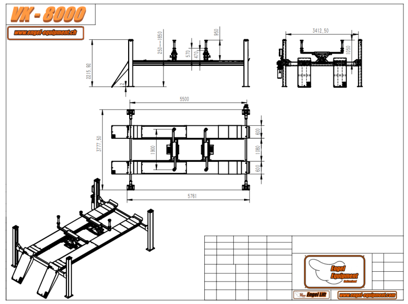 Engellift VK-8.000 ; Ponts élévateurs spéciaux à quatre colonnes pour camions et véhicules utilitaires, avec alignement des roues -Plan