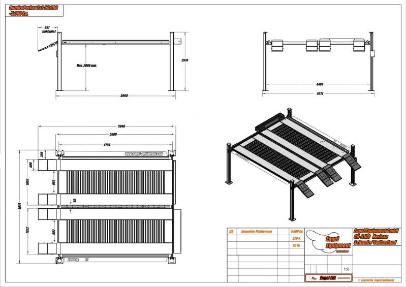 QUADROPARKER 2X2 50.200; ÉLÉVATEUR DE STATIONNEMENT DOUBLE À 4 COLONNES (5 000 KG.) (Plan de construction)
