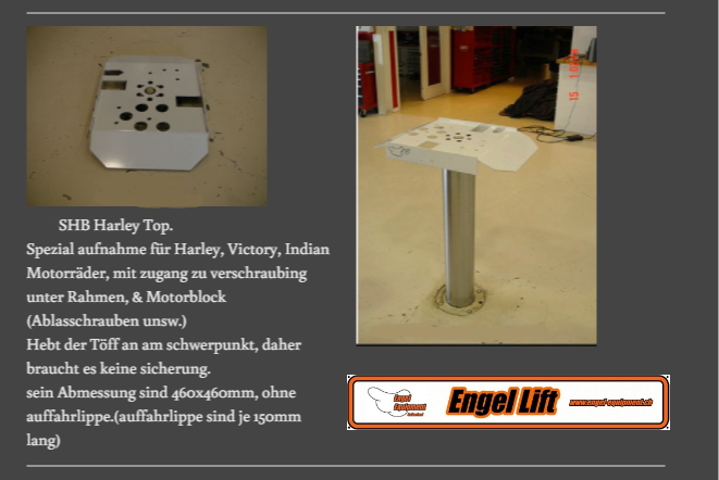 ENGEL SHB LIFT ; STEMPEL TRIKE ÉLÉVATEUR, QUADLIFT, SIDE-BY-SIDE, ÉLÉVATEUR D'APPAREILS À MOTEUR, ÉLÉVATEUR DE TRACTEURS À GAZON, PETITS APPAREILS ÉLÉVATEURS DE STEMPLES. (2)