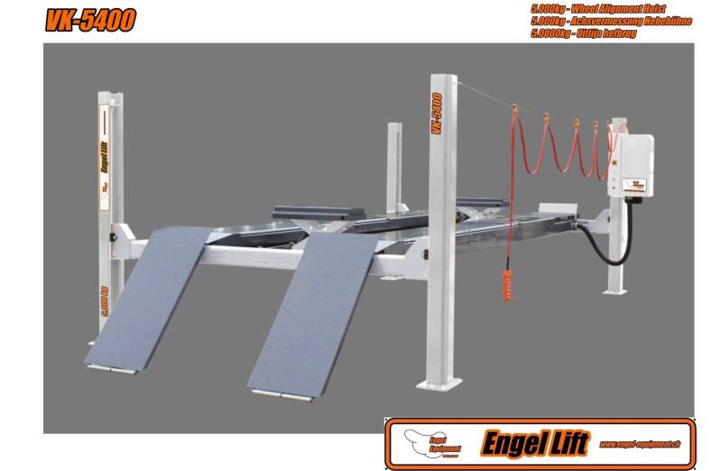 Engellift VK-5400 : Pont élévateur à 4 colonnes avec géométrie de direction (mesure de l'essieu) plate-forme.   -5.000kg