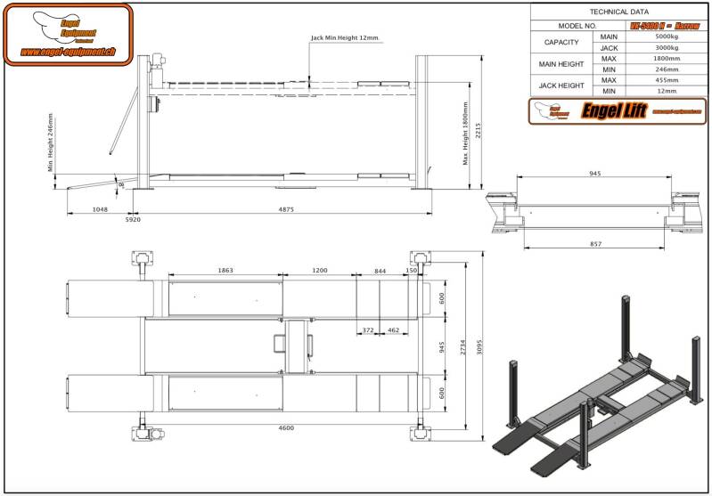Engellift VK-5400N : Pont élévateur à 4 colonnes avec géométrie de direction (mesure de l'essieu) plate-forme.-Plan