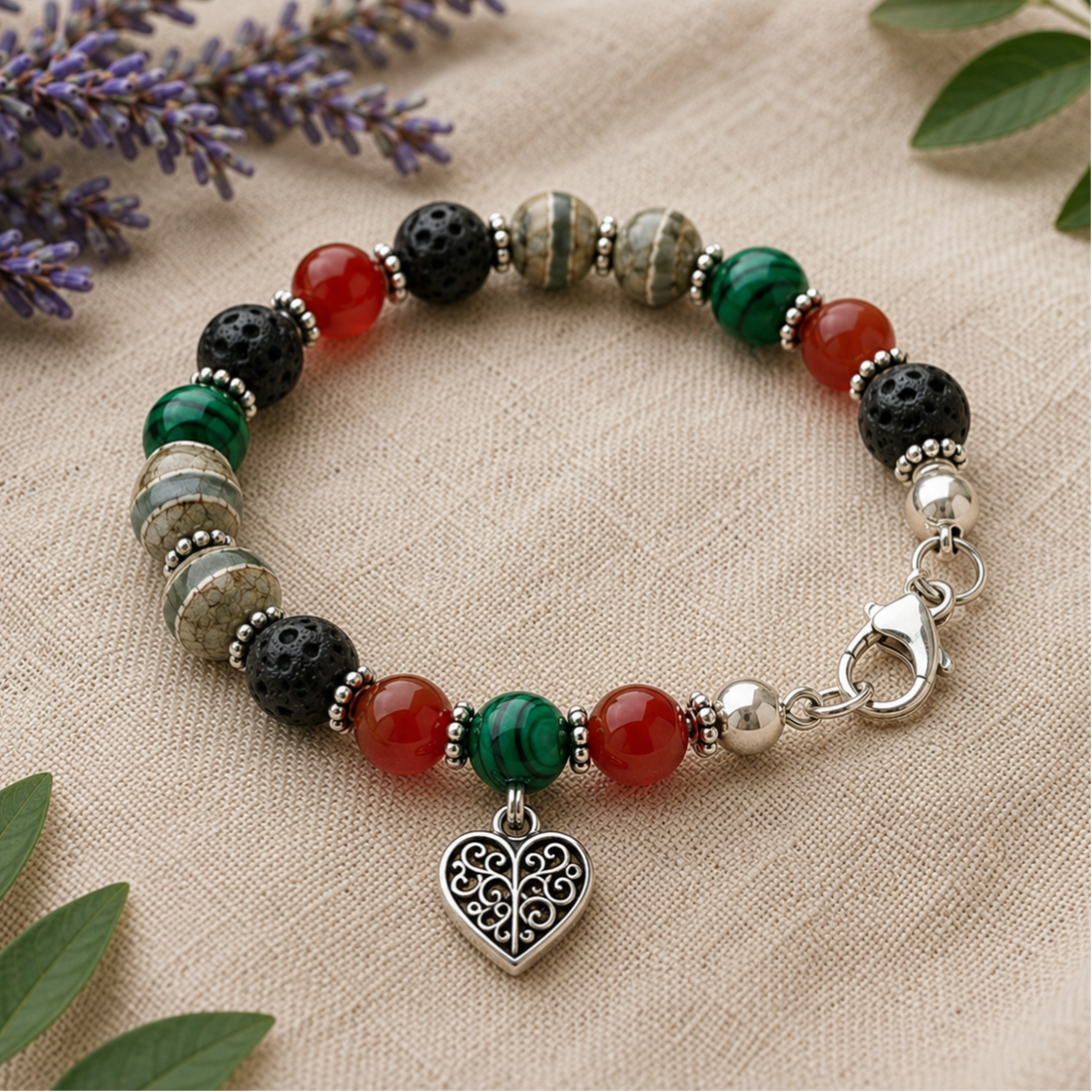 Handmade Gemstone Diffuser Bracelet | Frosted Agate, Carnelian & Malachite