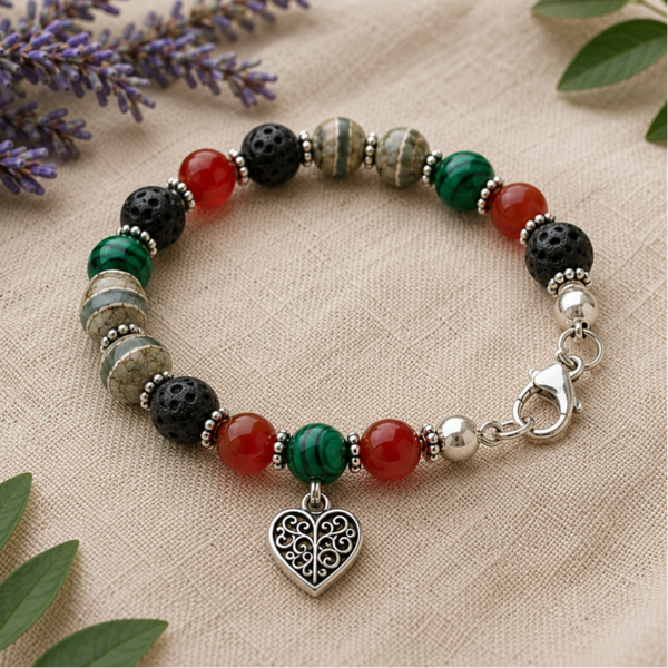 Handmade Gemstone Diffuser Bracelet | Frosted Agate, Carnelian & Malachite
