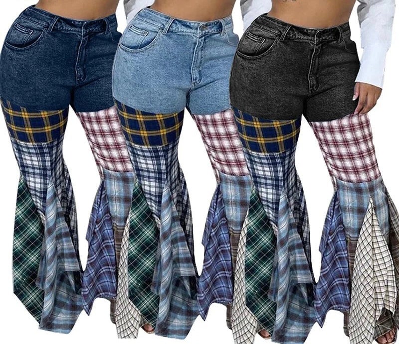 Plaid Bell Bottom Jesns