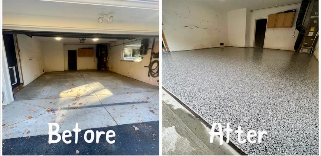Garage floor before and after polyaspartic flake coating