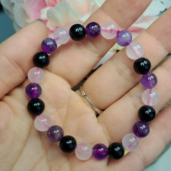 Amethist, Obsidiaan Rozenkwarts Mix Armband 8mm kraal