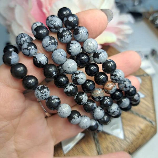 Sneeuwvlok Obsidiaan Armband 8mm kraal