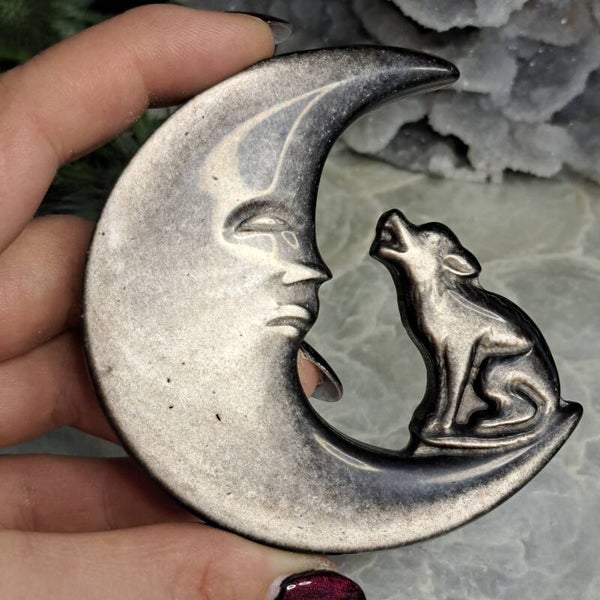 Zilver Obsdiaan Maan met Wolf (1)