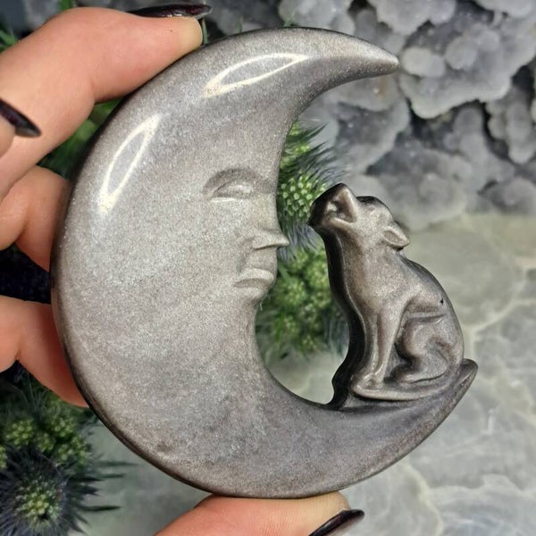 Zilver Obsdiaan Maan met Wolf (2)