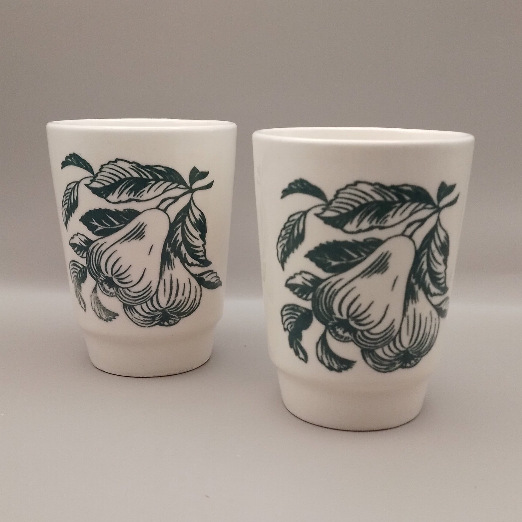 Vintage beker met groene peer lijntekening - set van 2