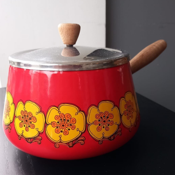 Fonduepan - rood met bloemen