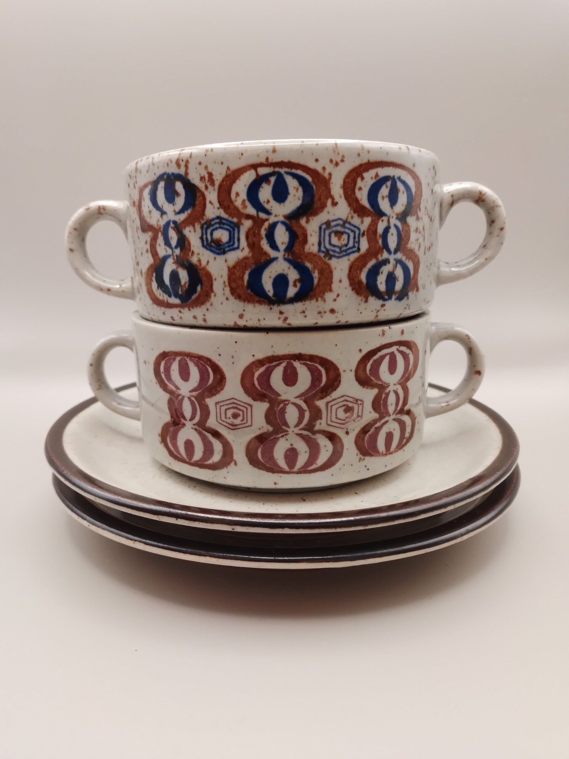 Soepkop met schotel beige met motief, set van 2