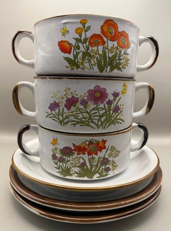 Soepkommen, twee oren, met schotel -  Wilde Bloemen - 3 stuks
