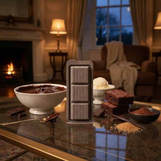 Brownie Batter chocolate-scented soy wax melt by The Scented Studio, displayed in a taupe knitted-effect clamshell with rich chocolate brownies.