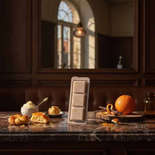 Hot Orange Danish bakery-inspired soy wax melt by The Scented Studio, styled with golden pastries, fresh oranges and warm patisserie details.