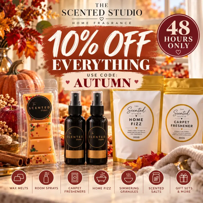 The Scented Studio October home fragrance sale with 10% off wax melts, room sprays and home fragrance using code AUTUMN.