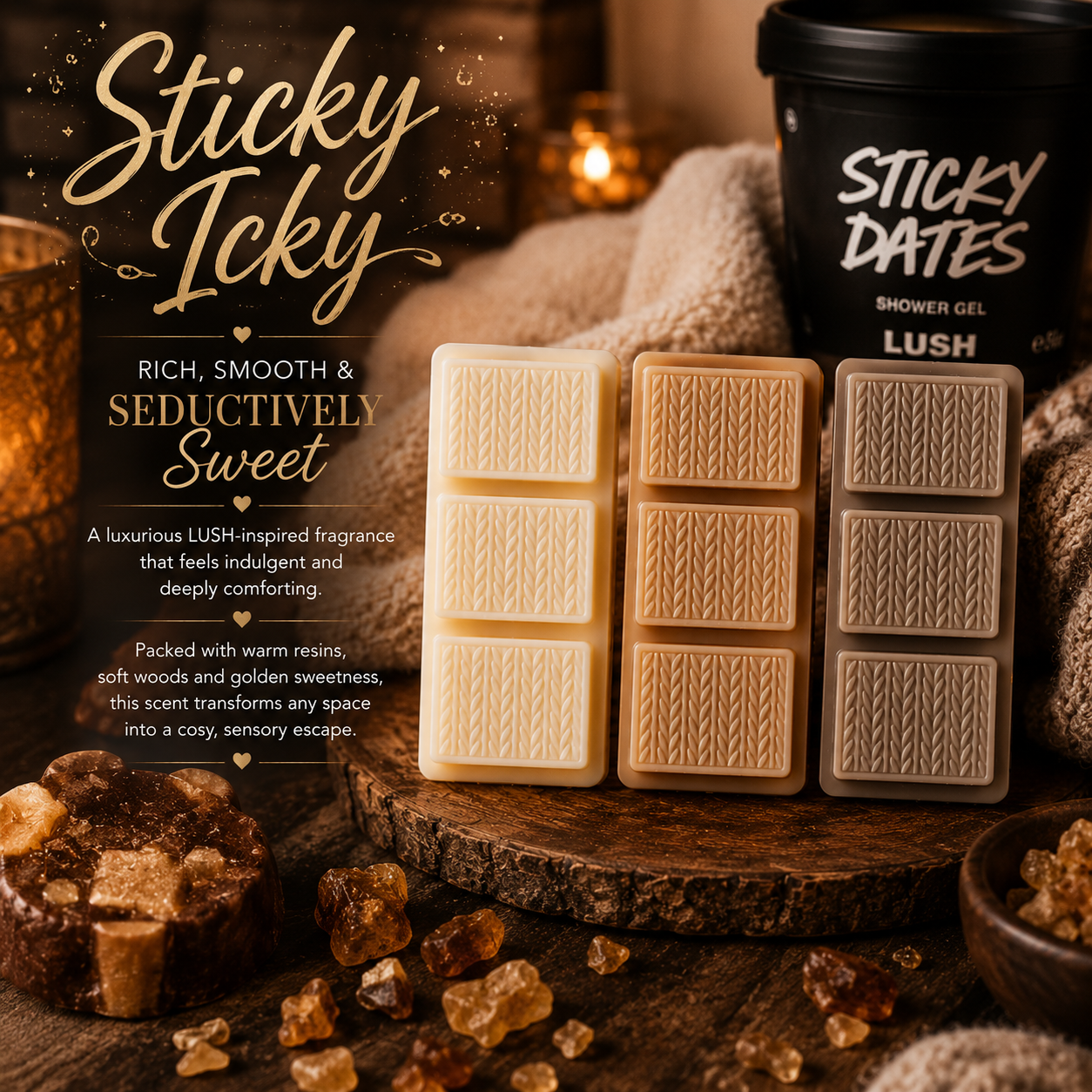 Sticky Icky Wax Melt & Home Fragrance – LUSH Inspired Sweet Sandalwood & Caramelised Raisins