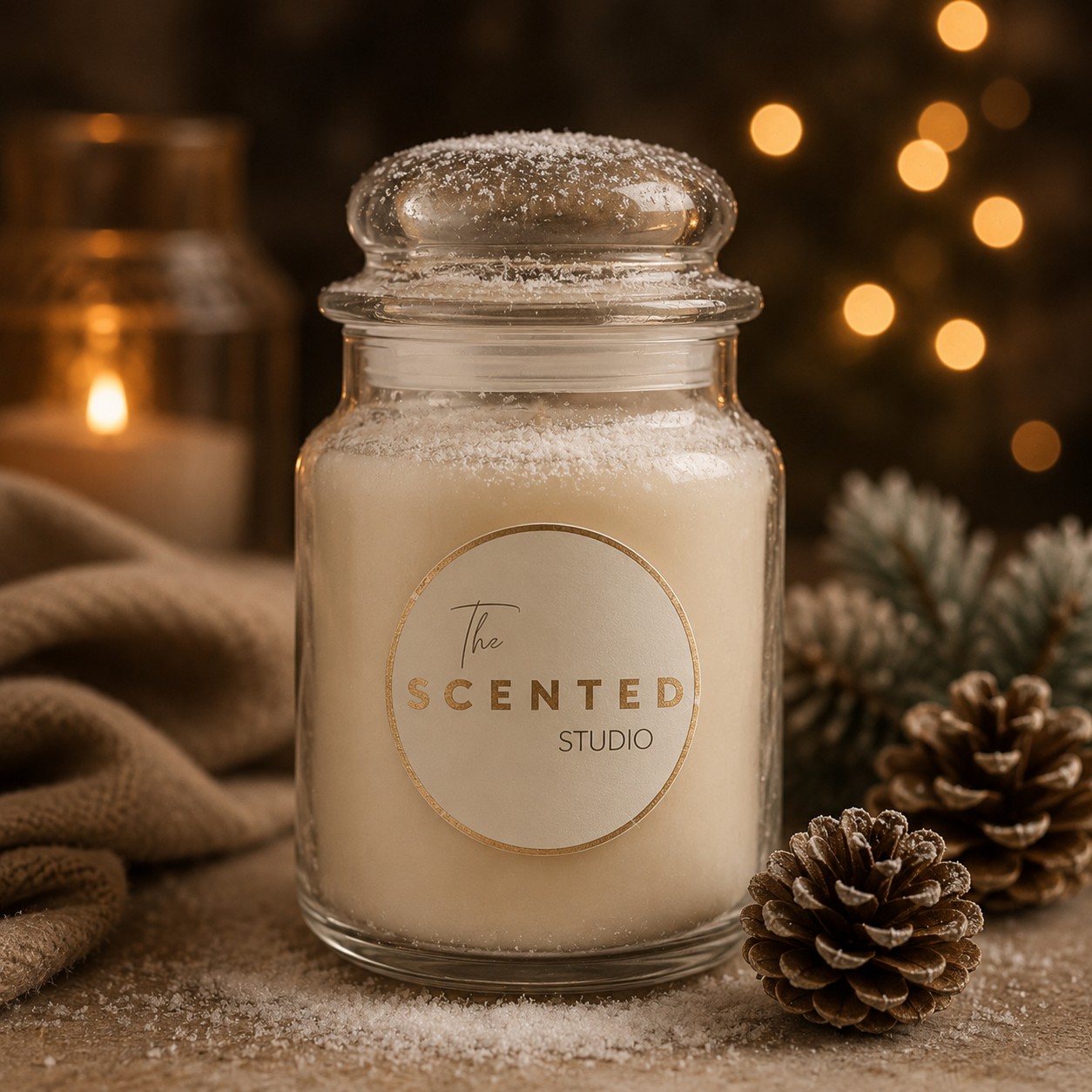 "Winter Yankee inspired candle scene with snow pine and cosy winter atmosphere on a dark background."