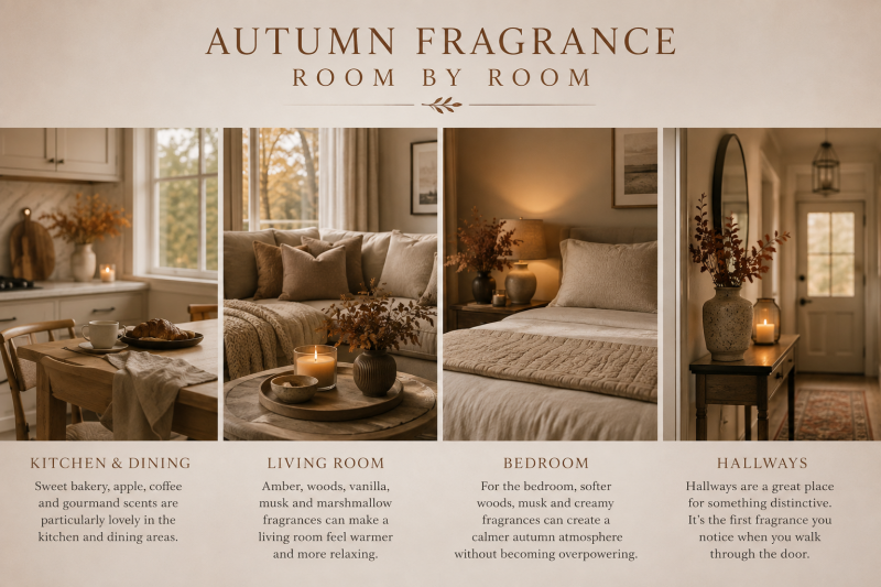 Cosy autumn home interior showing fragrance inspiration for the kitchen, living room, bedroom and hallway