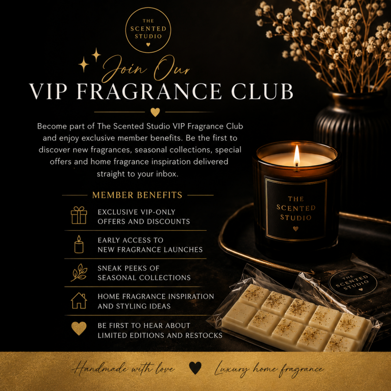 Luxury black and gold promotional image for The Scented Studio VIP Fragrance Club featuring elegant home fragrance styling, a lit candle, handmade wax melts and dried florals. The design highlights exclusive VIP-only offers, early access to new fragrance 