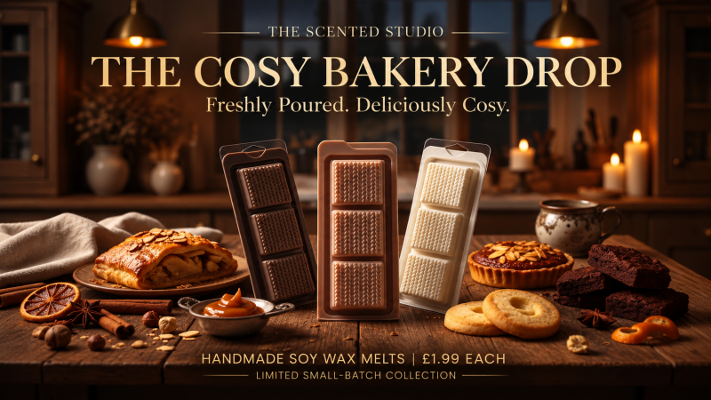 The Cosy Bakery Drop by The Scented Studio featuring three knitted-effect soy wax melt clamshells in neutral shades, styled with freshly baked pastries, brownies and biscuits in a cosy kitchen.