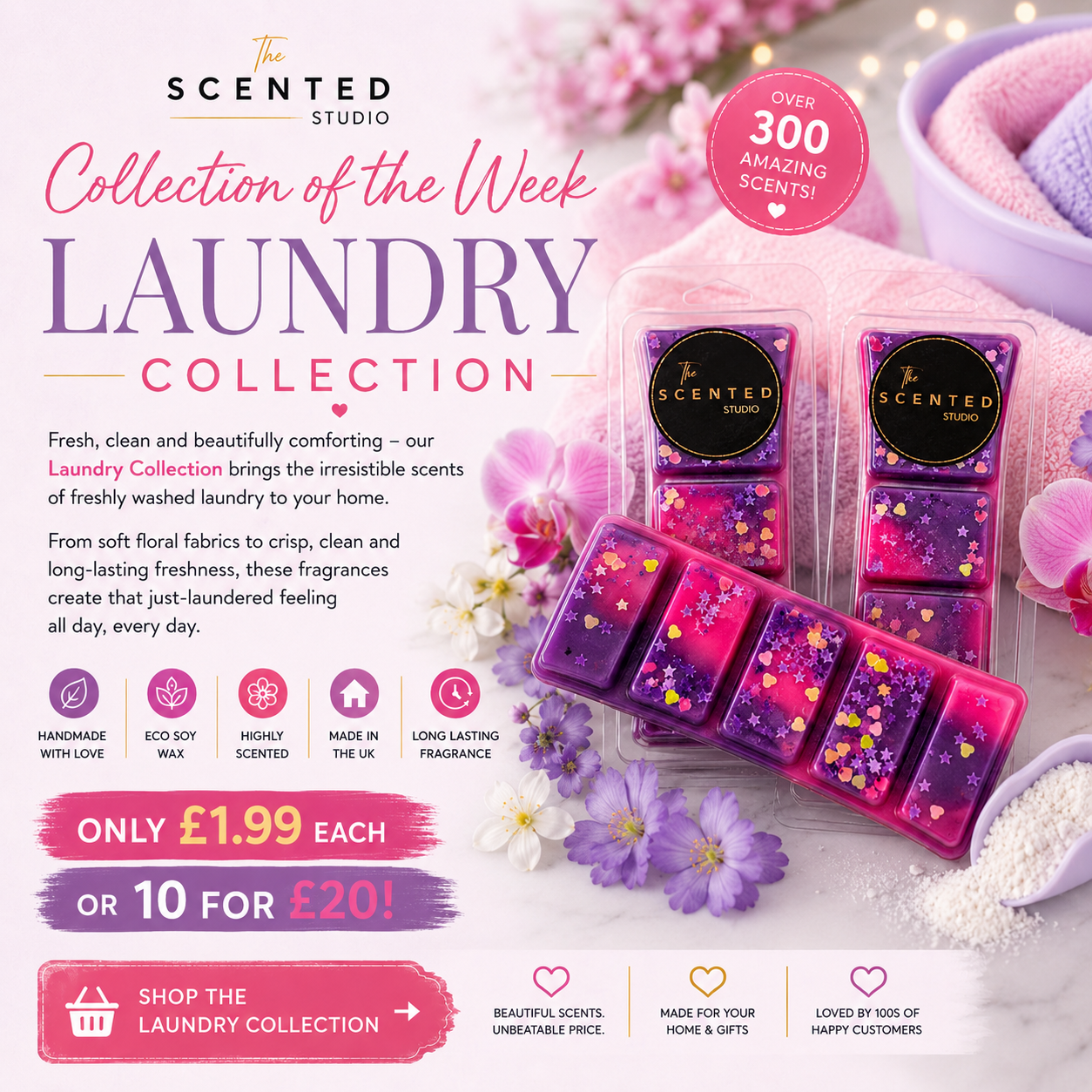 The Scented Studio Laundry Collection promotional banner featuring luxury handmade eco soy wax melts in vibrant pink and purple. Wax melt snap bars are displayed among soft pastel towels, flowers and laundry powder, highlighting fresh clean home fragrance