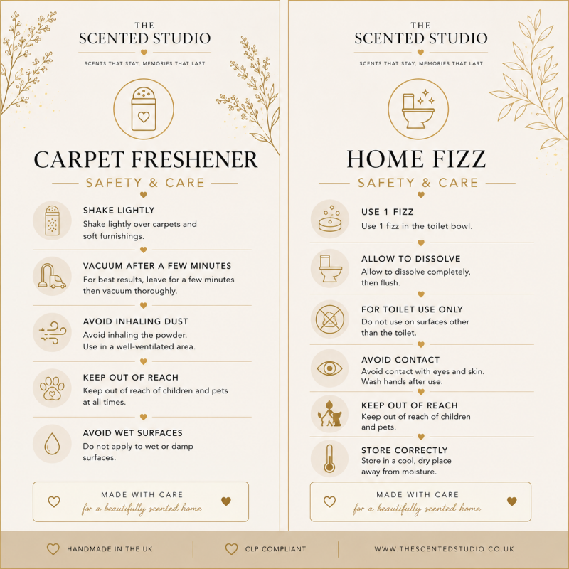 Carpet Freshener and Home Fizz safety and care guide from The Scented Studio, with instructions for safe home fragrance use.