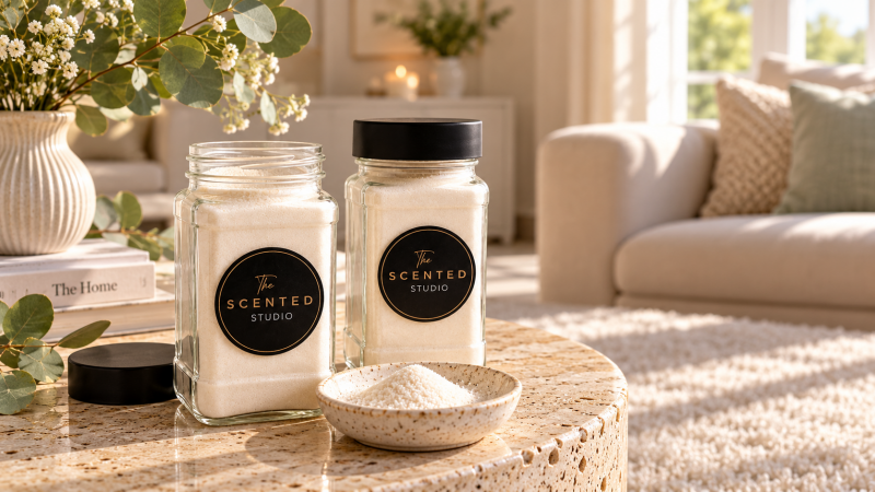Scented carpet freshener powder from The Scented Studio for refreshing carpets and rugs at home.