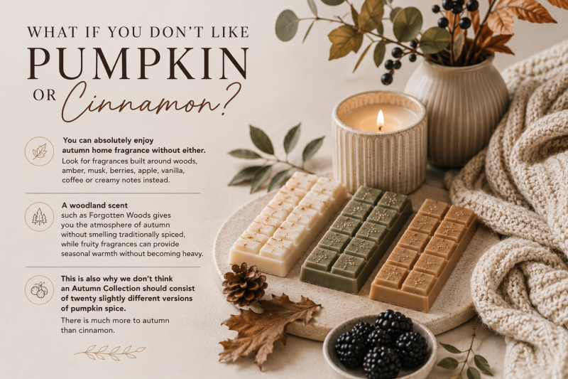 Alternative autumn home fragrances with warm woods, amber, berries, musk and vanilla