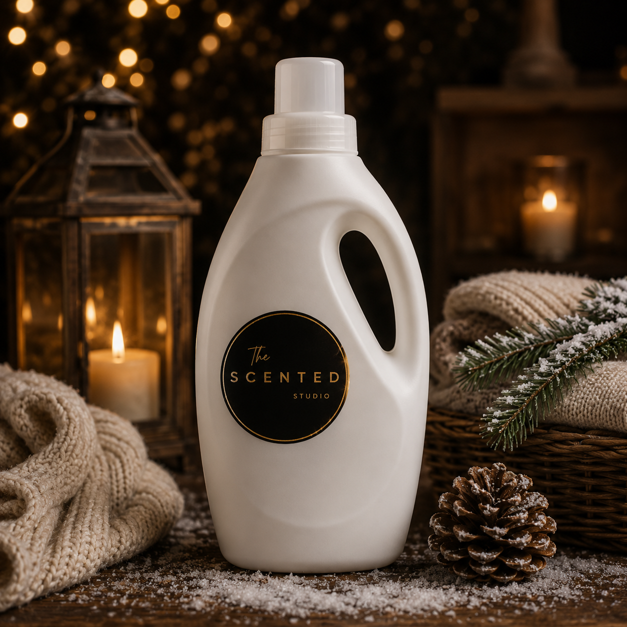 "Winter fresh Lenor inspired frosted blue bottle in snow with icy clean fragrance theme."