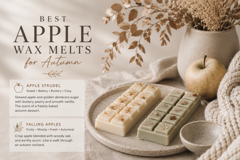 Apple inspired autumn wax melts with fresh orchard apples and warm baked apple fragrance