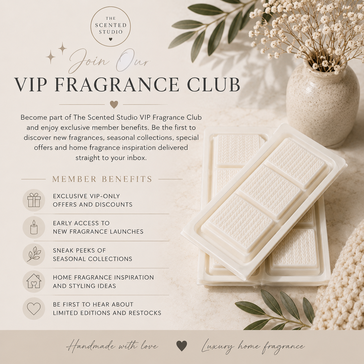 The Scented Studio VIP Fragrance Club featuring handmade wax melts and exclusive member benefits including special offers, early access, seasonal launches and restock updates.