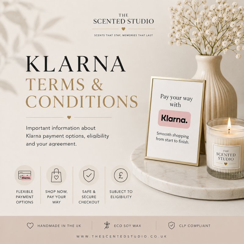 Klarna payment terms and conditions for The Scented Studio, with information about flexible payment options for wax melts and home fragrance