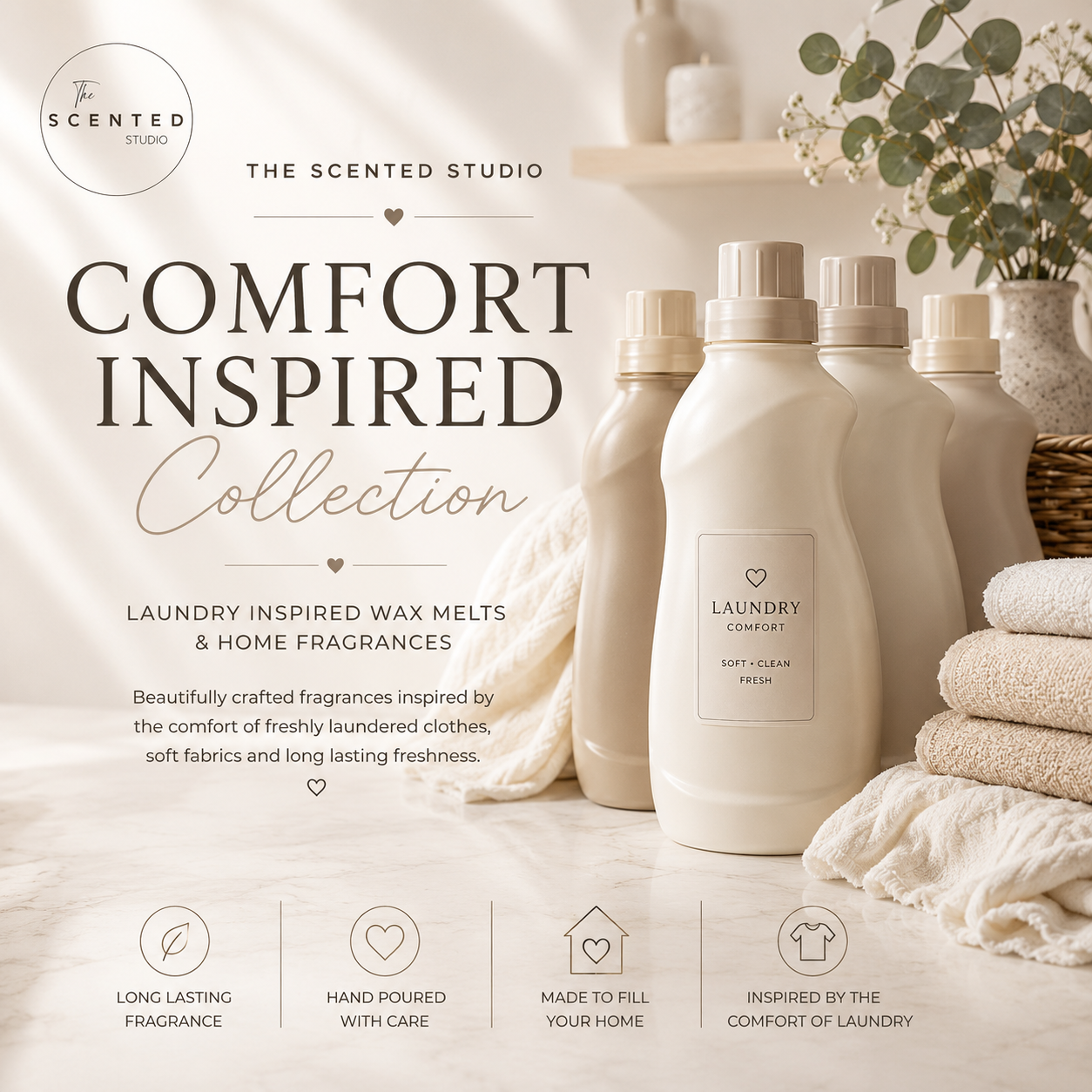 "Comfort inspired collection image – soft cosy laundry scent home fragrance – The Scented Studio"