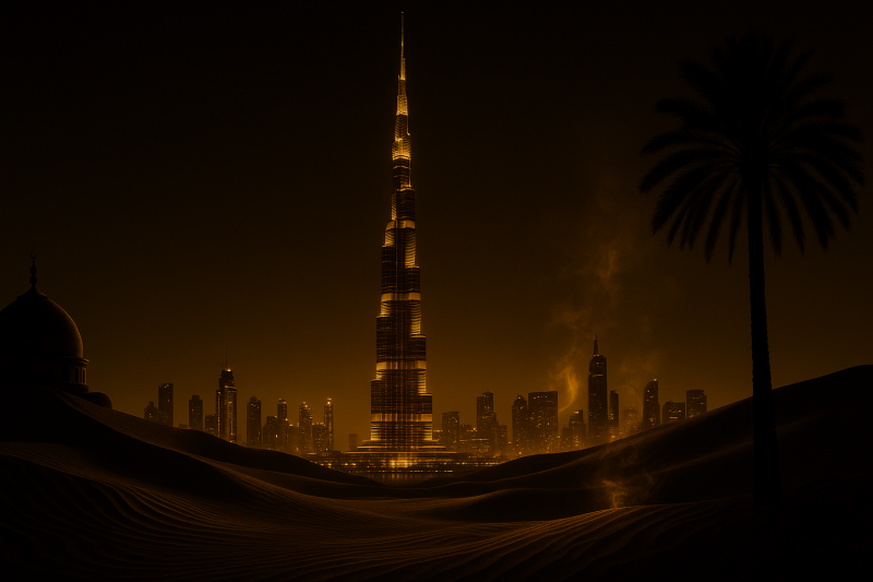 Luxury black and gold Dubai skyline with Burj Khalifa and desert dunes — banner image for The Scented Studio Dubai Collection.