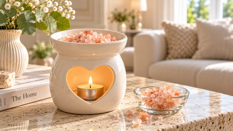 The Scented Studio scented Himalayan salt simmering granules in a ceramic fragrance burner, a beautiful alternative to traditional wax melts for home fragrance.