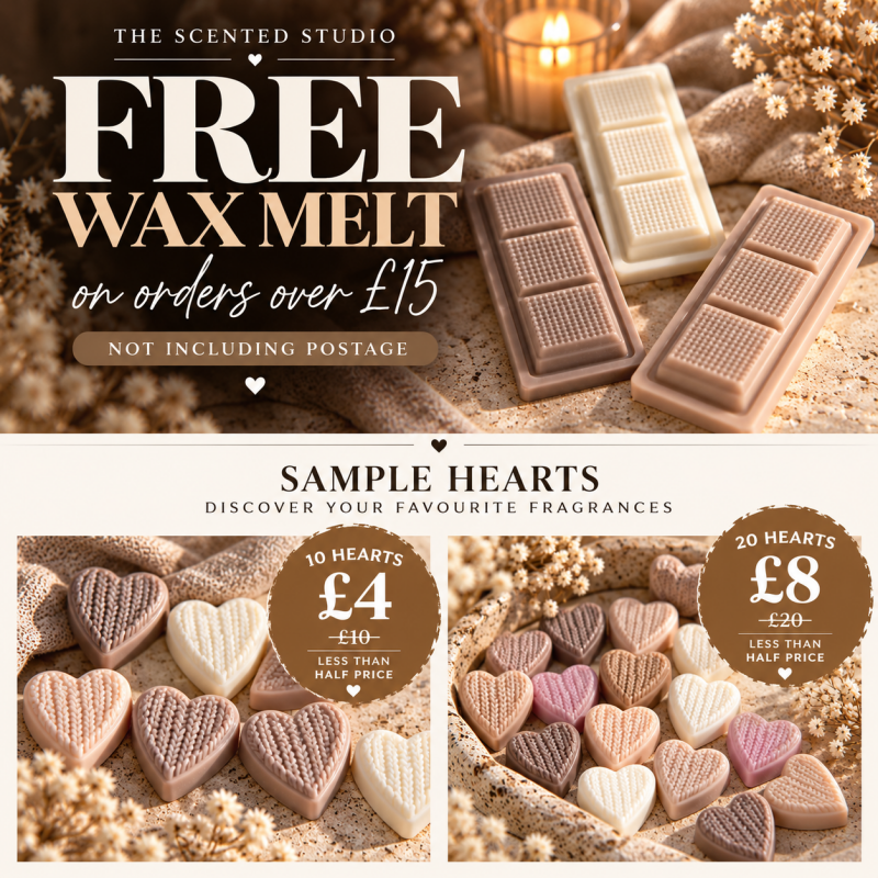 A promotional graphic for The Scented Studio featuring a free wax melt with orders over £15 and handmade soy wax sample hearts: 10 sample hearts for £4 or 20 for £8. The offer includes fragrances ranging from cosy bakery scents to fresh, floral and perfum
