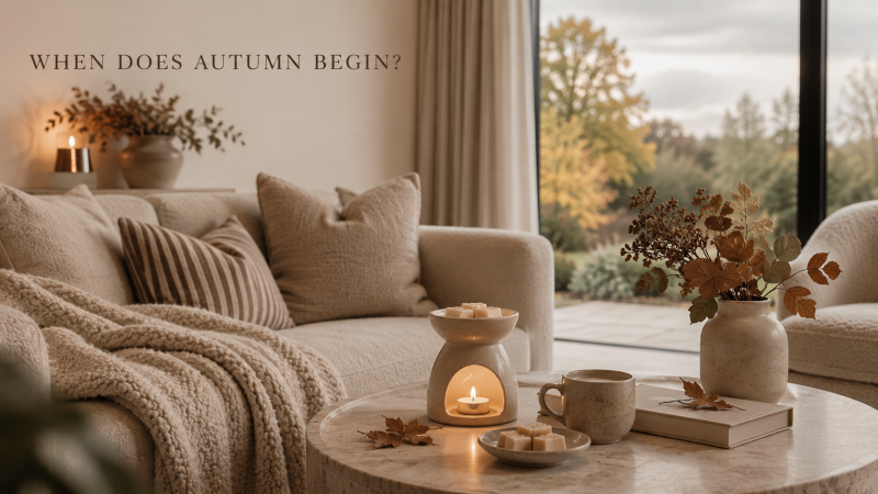 Cosy neutral home interior transitioning from late summer into the autumn fragrance season