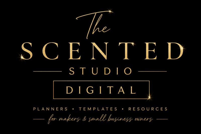 The Scented Studio Digital logo in gold on a black background, promoting planners, templates and resources for makers and small business owners.