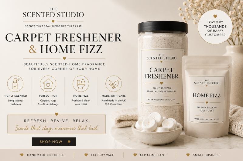 Carpet Freshener and Home Fizz from The Scented Studio, handmade highly scented home fragrance products in the UK.