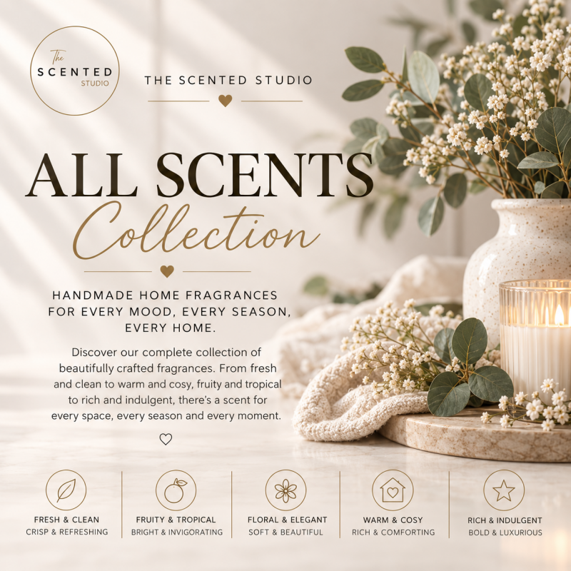 The Scented Studio All Scents Collection banner featuring elegant neutral home décor, eucalyptus and white flowers, with fragrance categories including fresh, fruity, floral, warm and rich scents.
