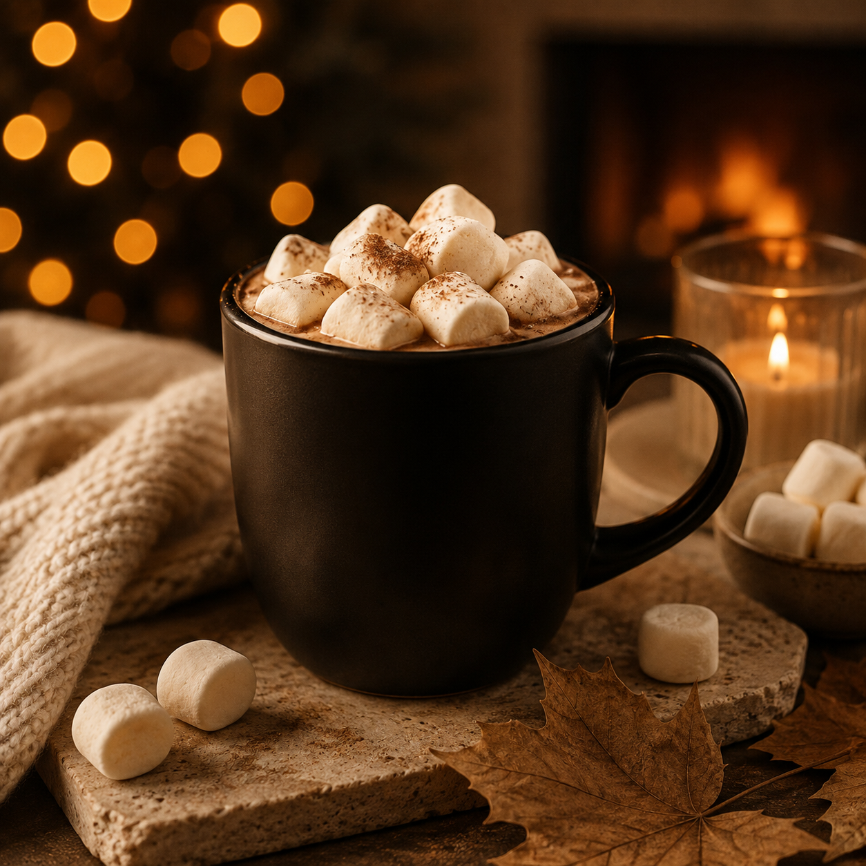 "Luxury autumn marshmallow scene with warm cosy glow and golden bokeh background.