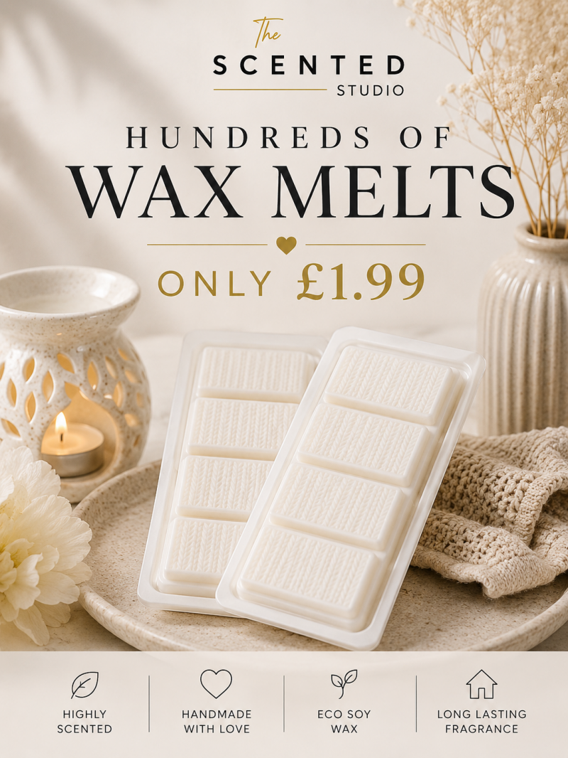 The Scented Studio white eco soy wax melts in a neutral cream setting, with hundreds of handmade wax melts available for £1.99.
