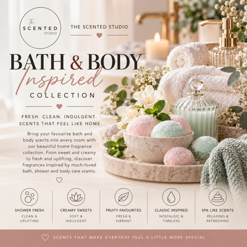 Bath & Body Inspired Collection by The Scented Studio featuring fresh, clean and indulgent bath and body inspired home fragrances in a luxury spa setting.