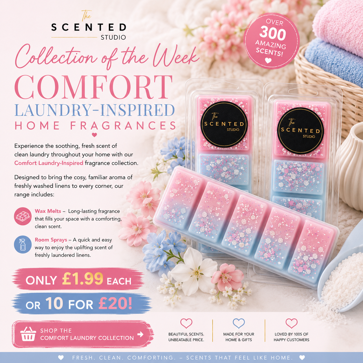 The Scented Studio Laundry Collection promotional banner featuring luxury handmade eco soy wax melts in vibrant pink and purple. Wax melt snap bars are displayed among soft pastel towels, flowers and laundry powder, highlighting fresh clean home fragrance
