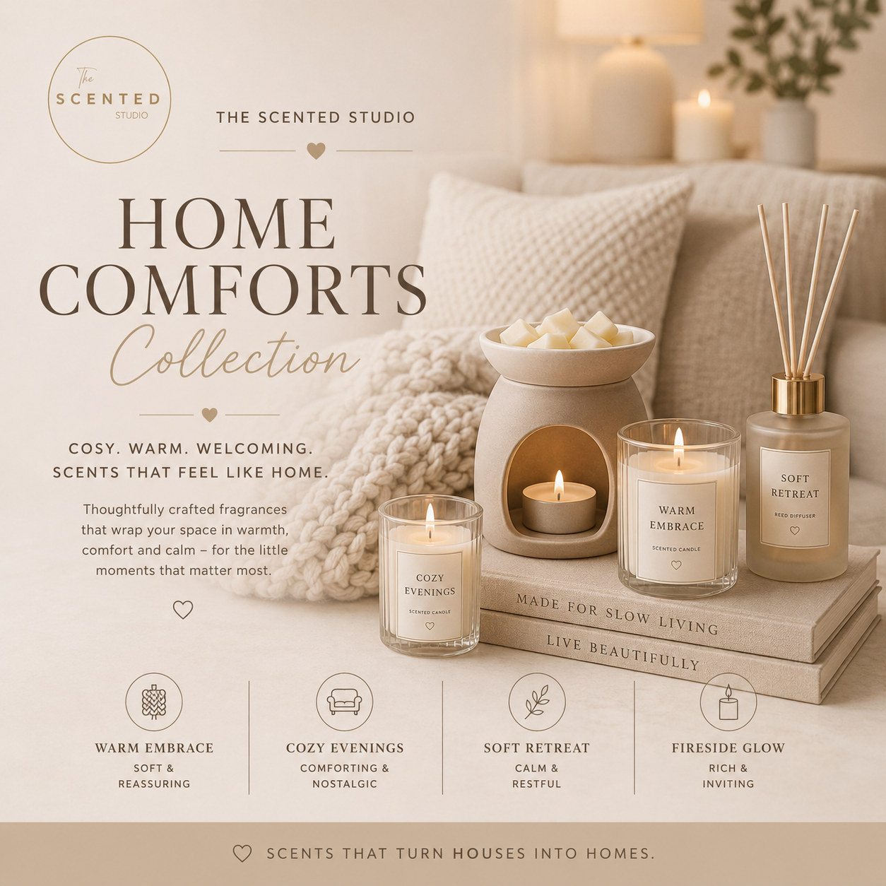 "Home Comforts collection image – cosy warm comforting home fragrance – The Scented Studio"