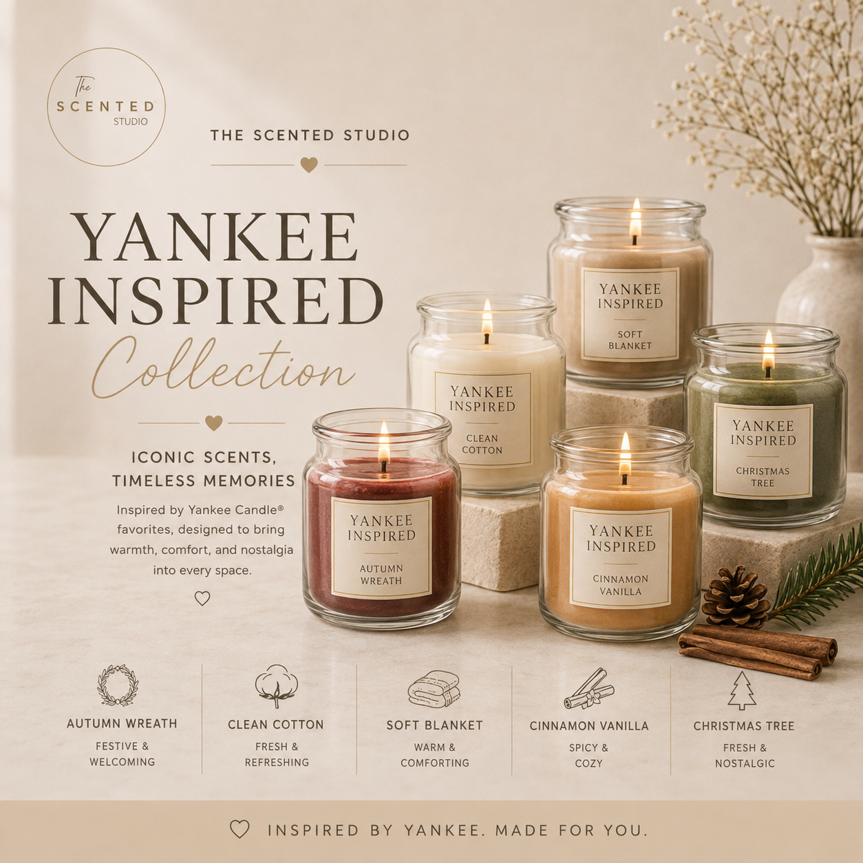 "Yankee inspired collection image – cosy classic candle style home fragrance – The Scented Studio"
