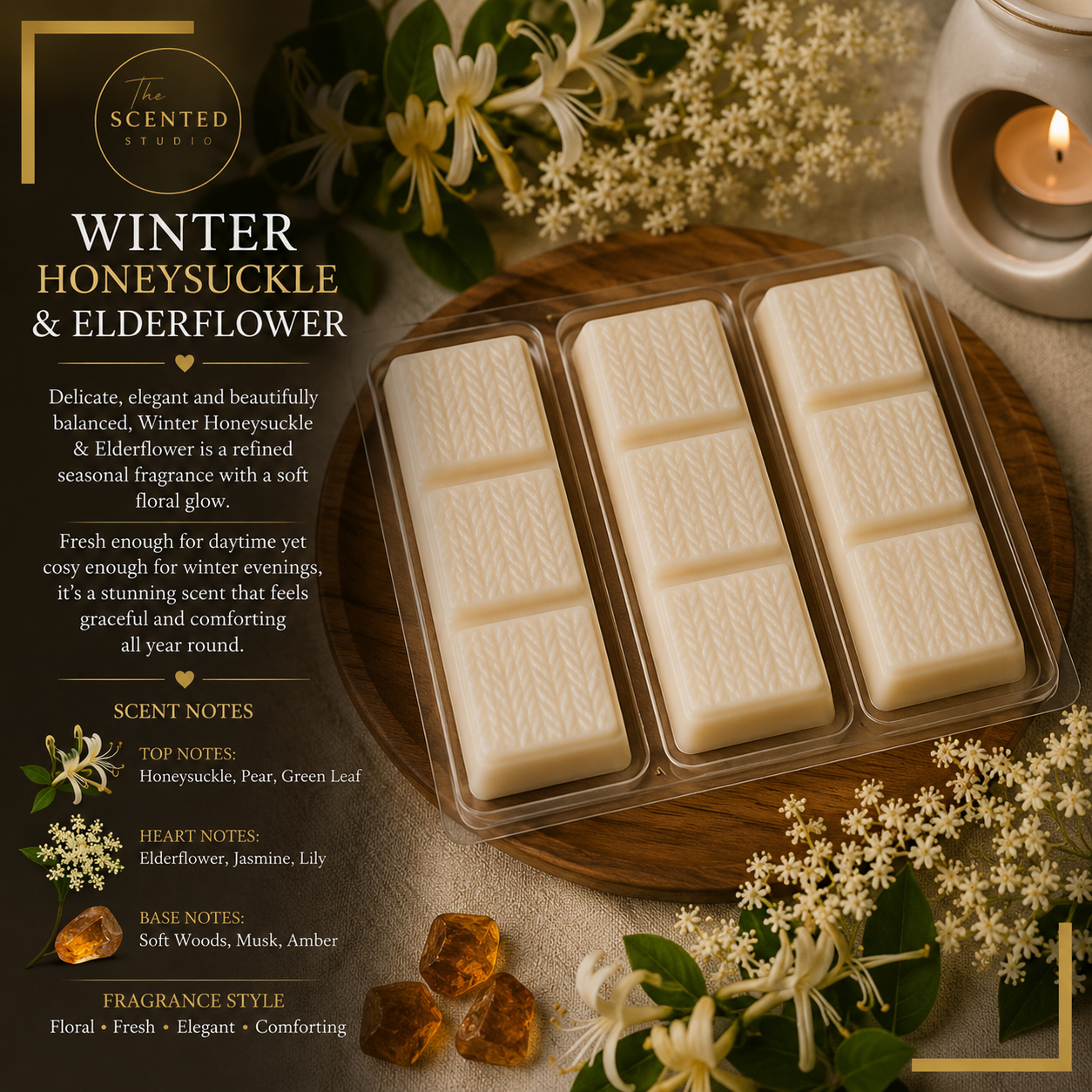 Winter Honeysuckle & Elderflower Wax Melt & Home Fragrance – Floral, Fruity & Musk Scent